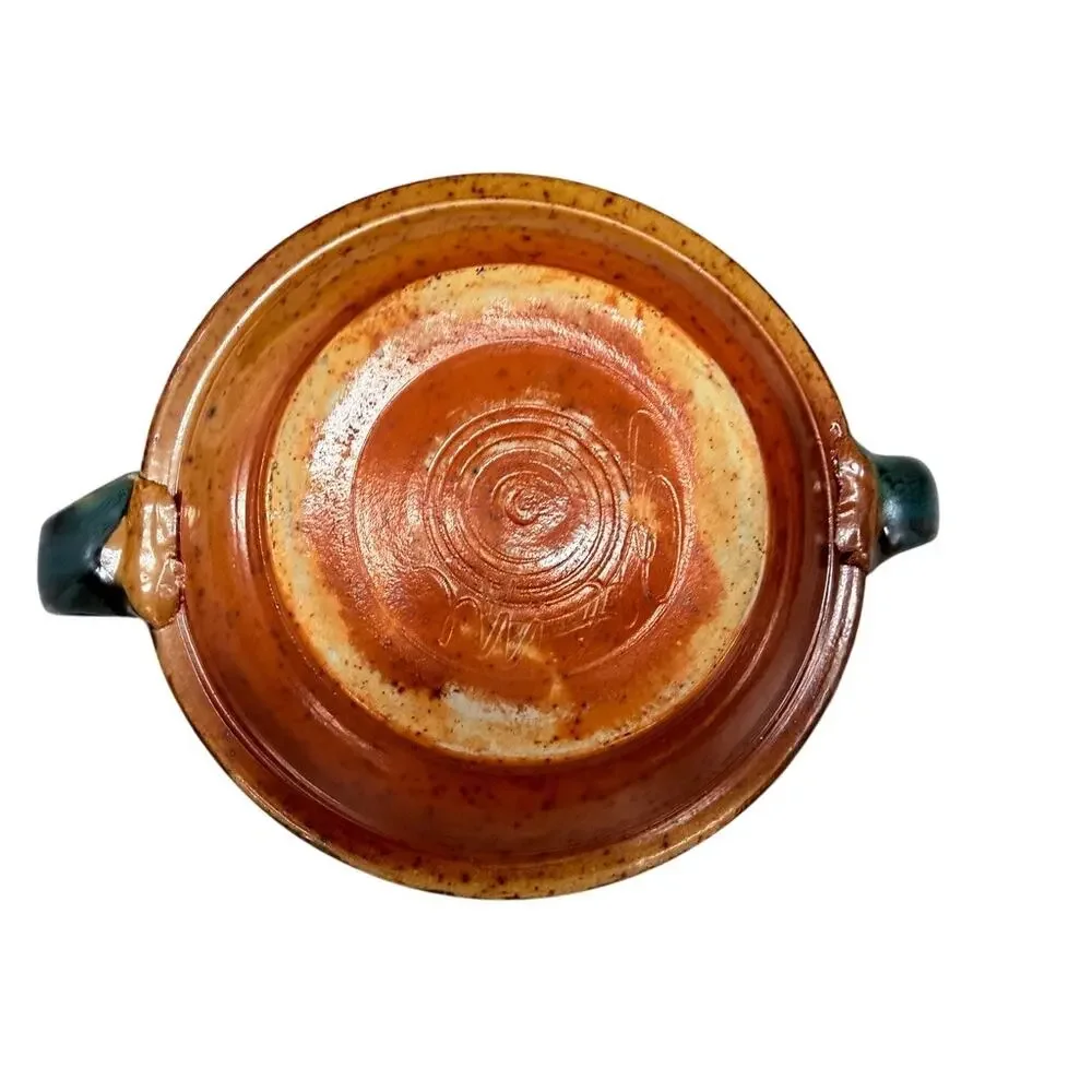 Studio Pottery Double Handle Bowl Turquoise Brown Art Pottery Dish Signed 9.5